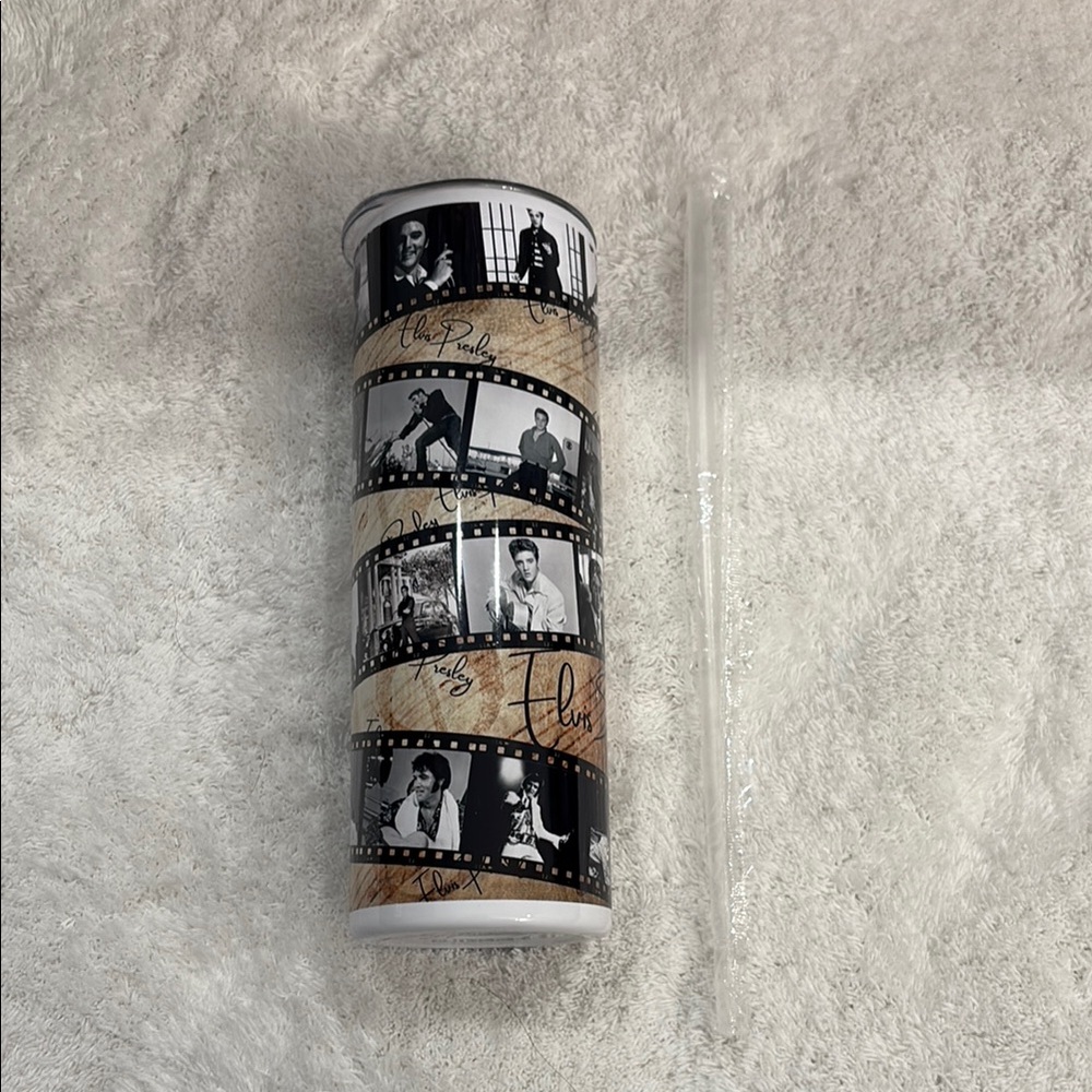 NWT Black and White Elvis Presley Tumbler with Straw